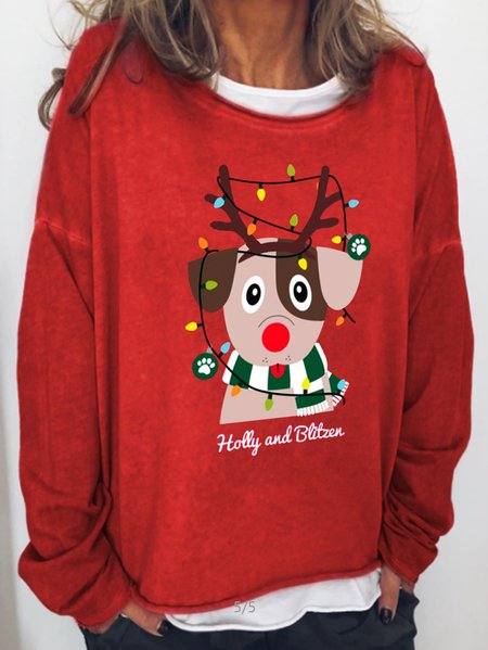 

Christmas Dog Print Crew Neck Long Sleeve Sweatshirt, Red, Hoodies&Sweatshirts