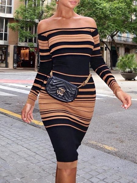 

Long Sleeve Off The Shoulder Sexy Striped Mini Dress, Khaki, Midi Dresses