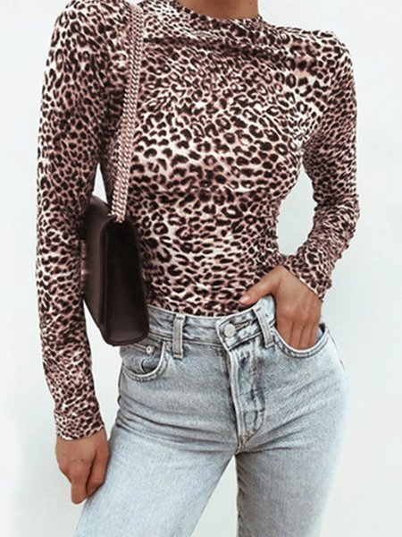 

Crew Neck Vintage Leopard Slim Fit Top, Tops