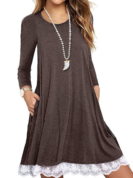 

Casuale Allentare Solido Pizzo Maniche Lunghe Abito, Caffè, Midi Dresses