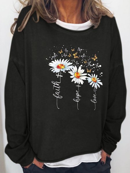 

Floral Cross Print Crew Neck Sweatshirt, Black, Hoodies&Sweatshirts