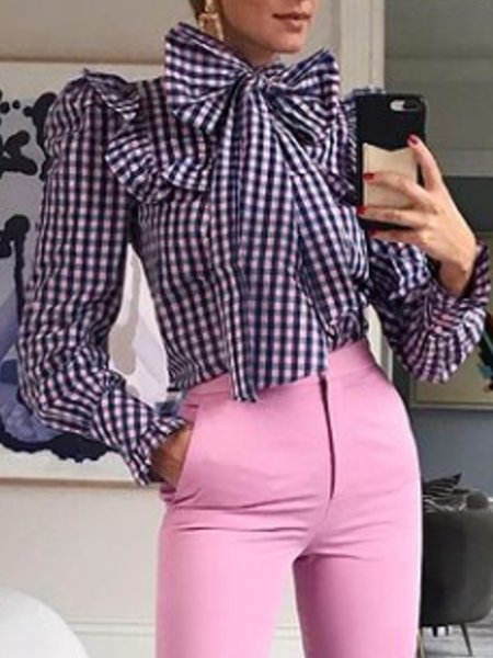 

Tie Neck Loosen Checked/Plaid Top, Blue, Blouses and Shirts