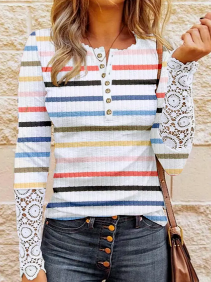 

V Neck Striped Shirts & Tops, White, Tops