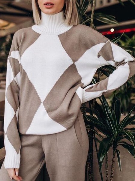 

Elegant High Neck Checked/Plaid Sweater, As picture, Pullovers