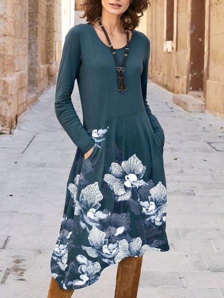

Blue Floral Printed Vintage Casual Elegant Round Neck Dresses, Midi Dresses