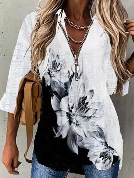 

Floral V-Neckline Long Sleeve Blouses, Black, Long sleeve tops