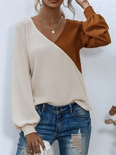 

V Neck Loosen Color Block Shirts & Tops, Brown, Long sleeve tops