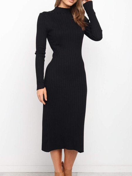 

Solido Casuale Regolare In forma Abito, Nero, Midi Dresses