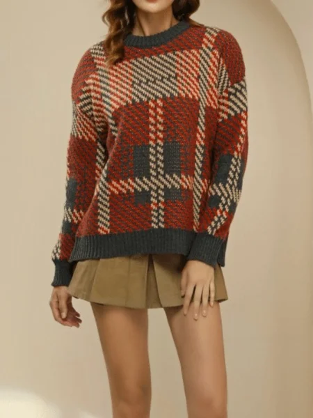 

Fall Crew Neck Daily High Stretch Mid-weight Long sleeve Sweater, Wine red, Pullovers