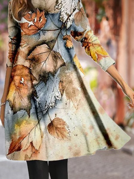 

Vintage Leaf Print High Neck Long Sleeve Dress, As picture, Dresses