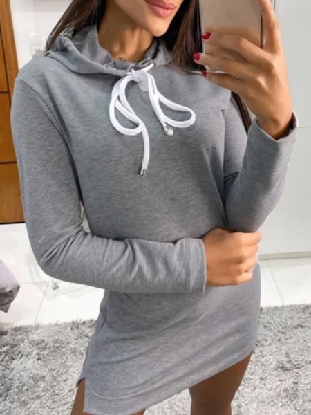 Casual Long Sleeve Plus Size Hoodie Dress, Gray, Mini Dresses