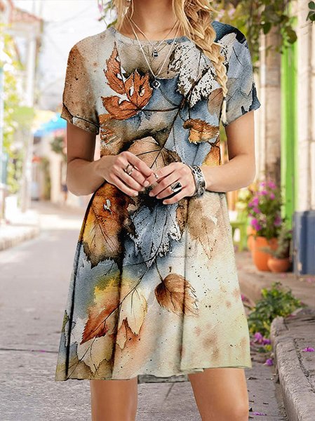 

Vintage Leaf Print Ladies Short Knitting Dress, As picture, Dresses