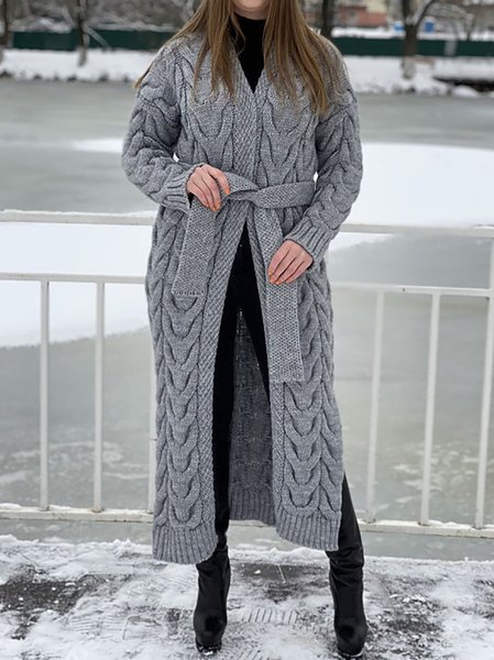 

Solid Stretchy Knitted Long Sleeve Casual Autumn Cardigan Coat, Gray, Outerwear