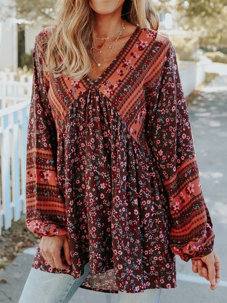 

JFN V Neck Floral Puff Sleeves Mexican Blouse, Multicolor, Long sleeve tops