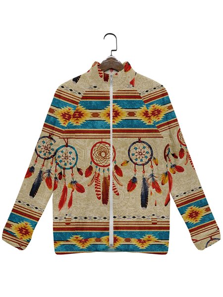

Dreamcatcher Print Long Sleeve Zipper Fleece Jacket, Khaki, Jackets & Coats