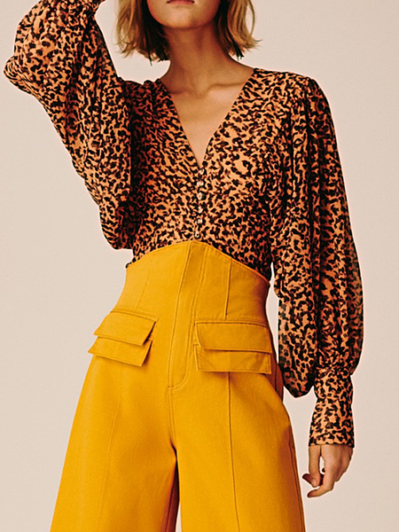 

Long sleeve Leopard Regular Fit Vintage V Neck Top, Yellow brown, Blouses and Shirts