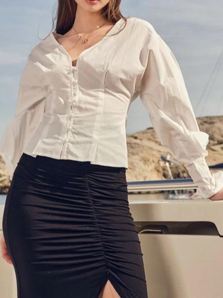

Regular fit V neck Elegant Shirt Sleeve Shirt, White, Blouses and Shirts