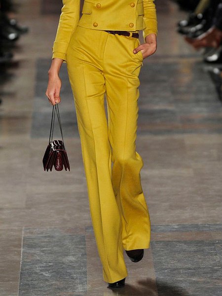 

Solid Work Regular Fit Pants, Yellow, Straight Leg Pants