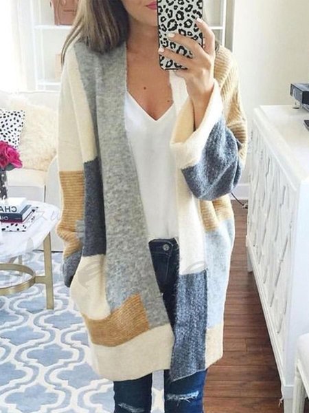 

Off Shoulder Color Block Vacation Outerwear, Multicolor, Cardigans