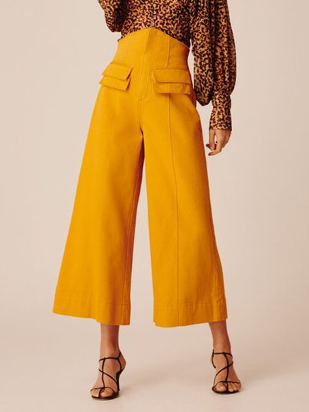 

Solid Elegant Regular fit Solid Pants, Yellow, Wide Leg Pants