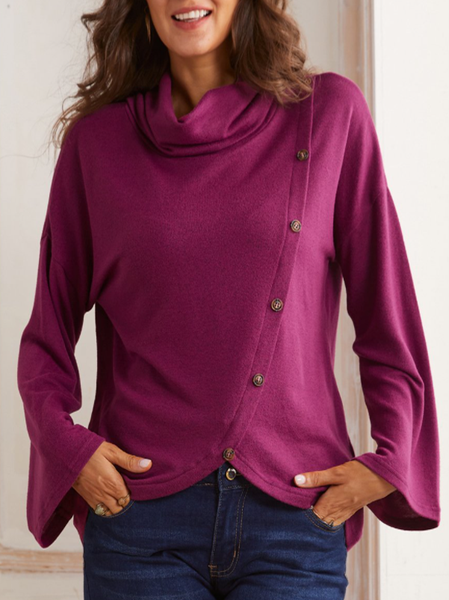 

Heap and pile collar button decoration irregular hem flared sleeve top, Purple red, Long sleeve tops