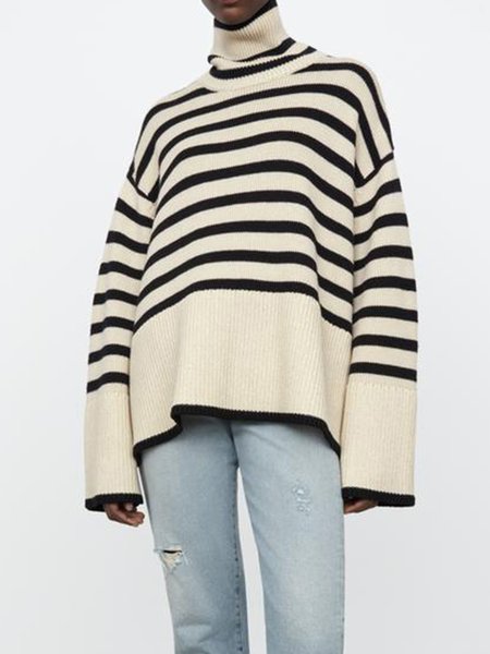 

Regular Fit Long sleeve Striped High Neck Sweater, Black-white, Pullovers