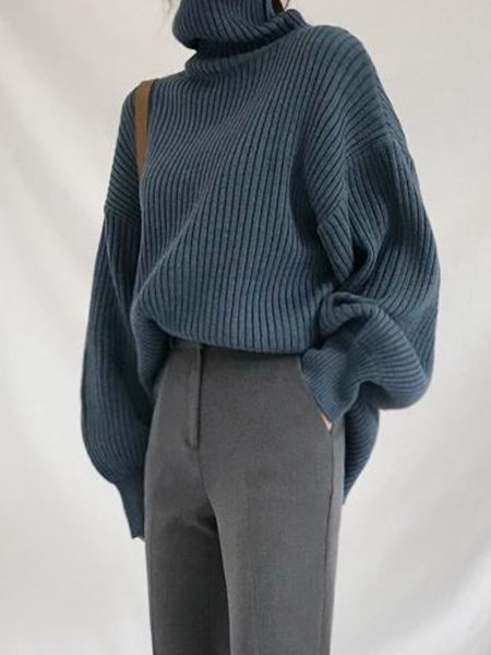 

Casual Long Sleeve Plain Loosen Sweater, Blue, Pullovers