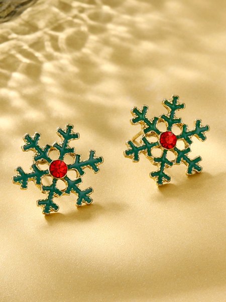Christmas Simple Rhinestone Snowflake Earrings, Green, Earrings