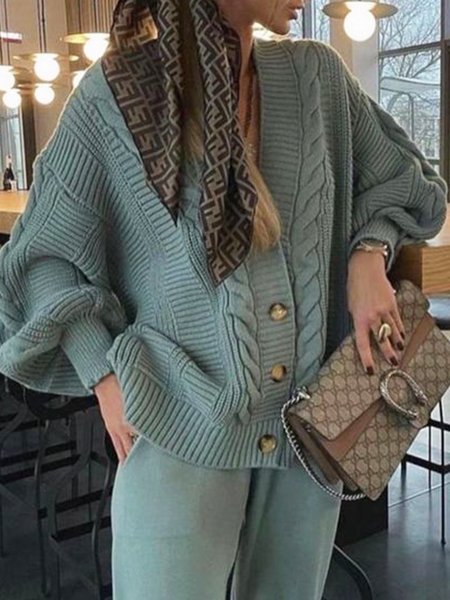 

V Neck Loosen Solid Sweater Outerwear, As picture, Pullovers