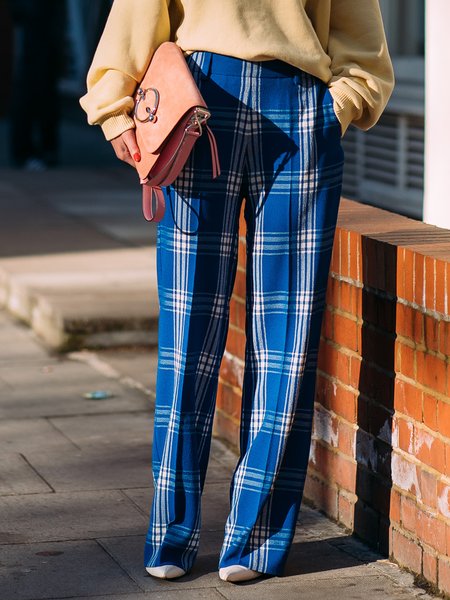 

Regular Fit Grid Elegant Long Pants, Blue, Straight Leg Pants