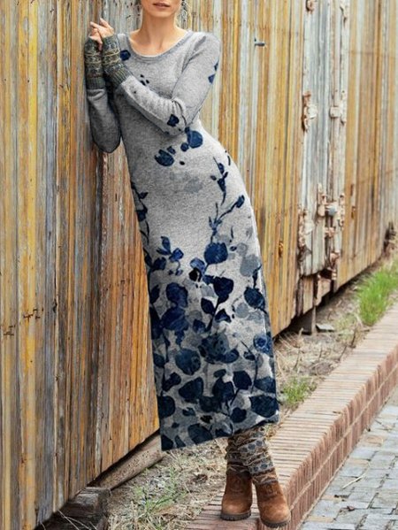 

Floral Crew Neck Knitting Dress, As picture, Maxi Dresses
