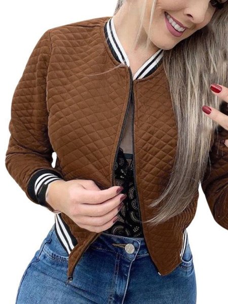 

Loosen Plain Stand Collar Outerwear, Brown, Coats & Jackets