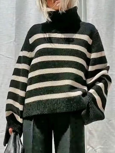 

Long Sleeve High Neck Casual Sweater, Deep green, Pullovers