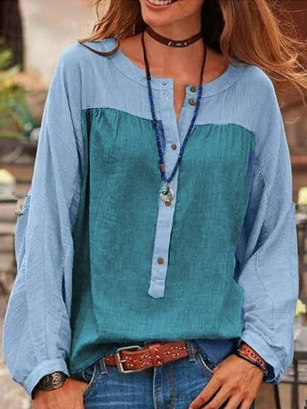 

Color Block Cotton-Blend Long Sleeve Casual V Neck Shirt & Top, Blue, Blouses & Shirts