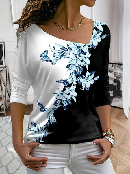 

Asymmetrical Neck Casual Shirts & Tops, White, Tees & T-shirts