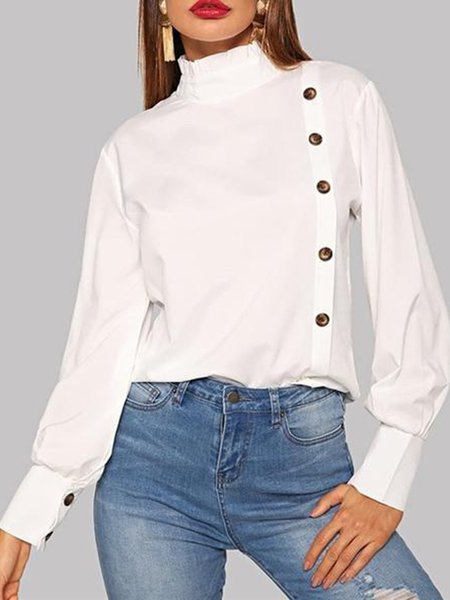 

Long sleeve Solid Elegant Regular Fit Top, White, Blouses and Shirts