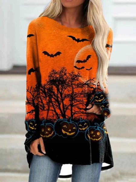 

Casual Long Sleeve Round Neck Plus Size Printed Tops T-shirts, Orange, T-Shirts