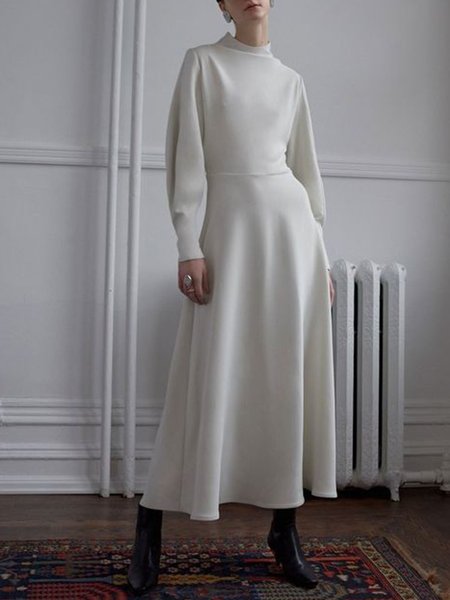 

Regular Fit Long Sleeve Plain Elegant Maxi Dress, White, Maxi Dresses