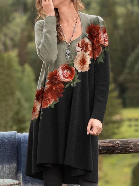 

Stampata Floreale Scollo a V Vintage Gonna Casuale, Nero, Mini Dresses