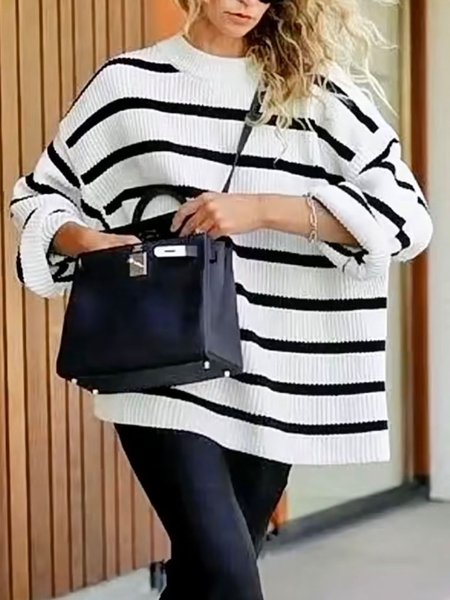 

Long Sleeve Loosen Casual Sweater, Black-white, Pullovers