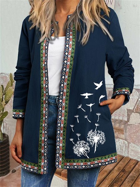 

Crew Neck Floral Loosen Outerwear, Deep blue, Outerwear