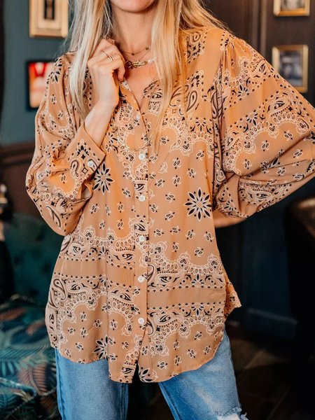

Shirt Collar Casual Tribal Blouse, Orange, Long sleeve tops