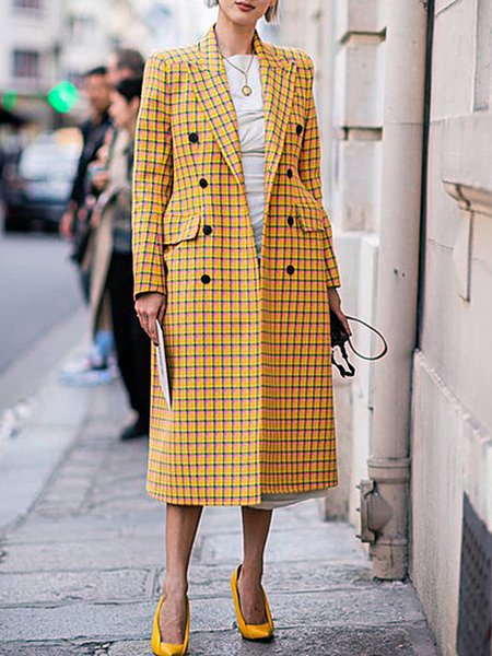 Long sleeve Lapel Grid Regular Fit Outerwear, Yellow, Coats