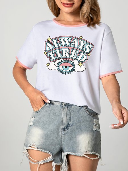 

Unocis Letter Print Round Neck Short Sleeve Ringer Tee, Pink, T-shirts