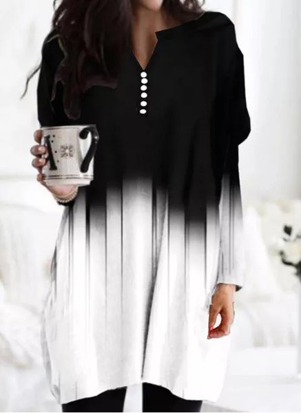 

Loosen V Neck Casual Shirts & Tops, Black-white, Long sleeve tops