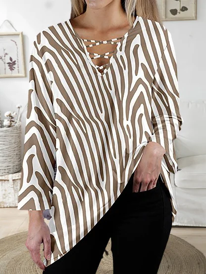 

Loosen Zebra Printed V Neck Casual Shirts & Tops, Khaki, Long sleeve tops