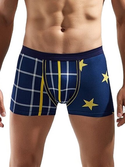 

Mens Plaid&Star Printing U Convex Pouch Soft Breathable Thin Home Boxers Briefs, Blue, Acc