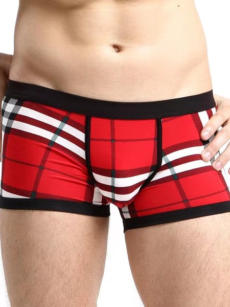 

Mens Sexy Ice Silk Plaid Printing Waistband Big U Convex Pouch Breathable Casual Boxer Briefs, Red, Acc