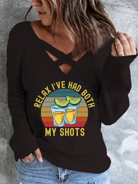 Statement Letters Printed Long Sleeves Lace-up V Neck Plus Size Casual Tops, Black, T-Shirts