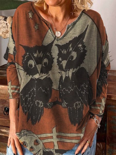 

Casual Long Sleeve V Neck Printed Top, Multicolor, T-Shirts